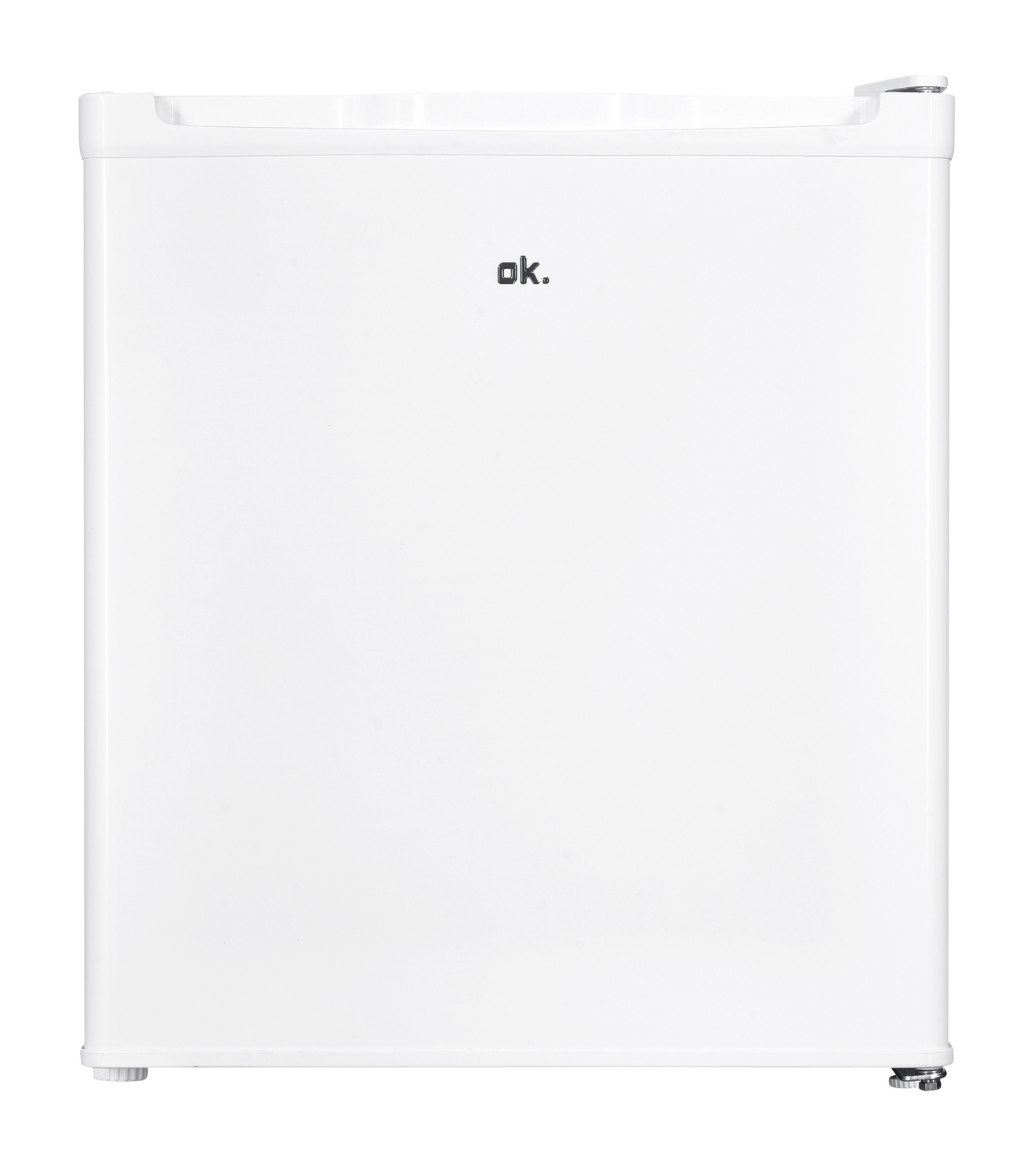 Min nevera blanca con logo 'ok.' en la puerta. Diseño simple y limpio.
