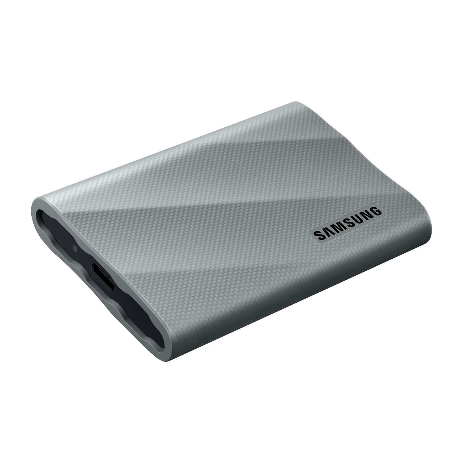 Disque dur externe Samsung gris avec port USB.