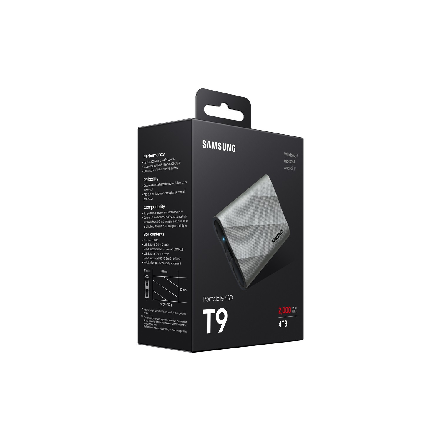 Zwarte en grijze Samsung T9 portable SSD doos. De doos toont een zilveren SSD en heeft tekst.