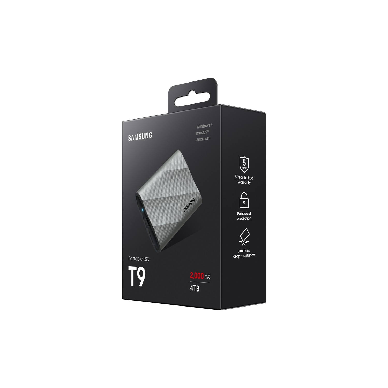 Samsung portable SSD T9-box. Grijze en zilveren SSD. Doos toont garantie- en beveiligingsfuncties.