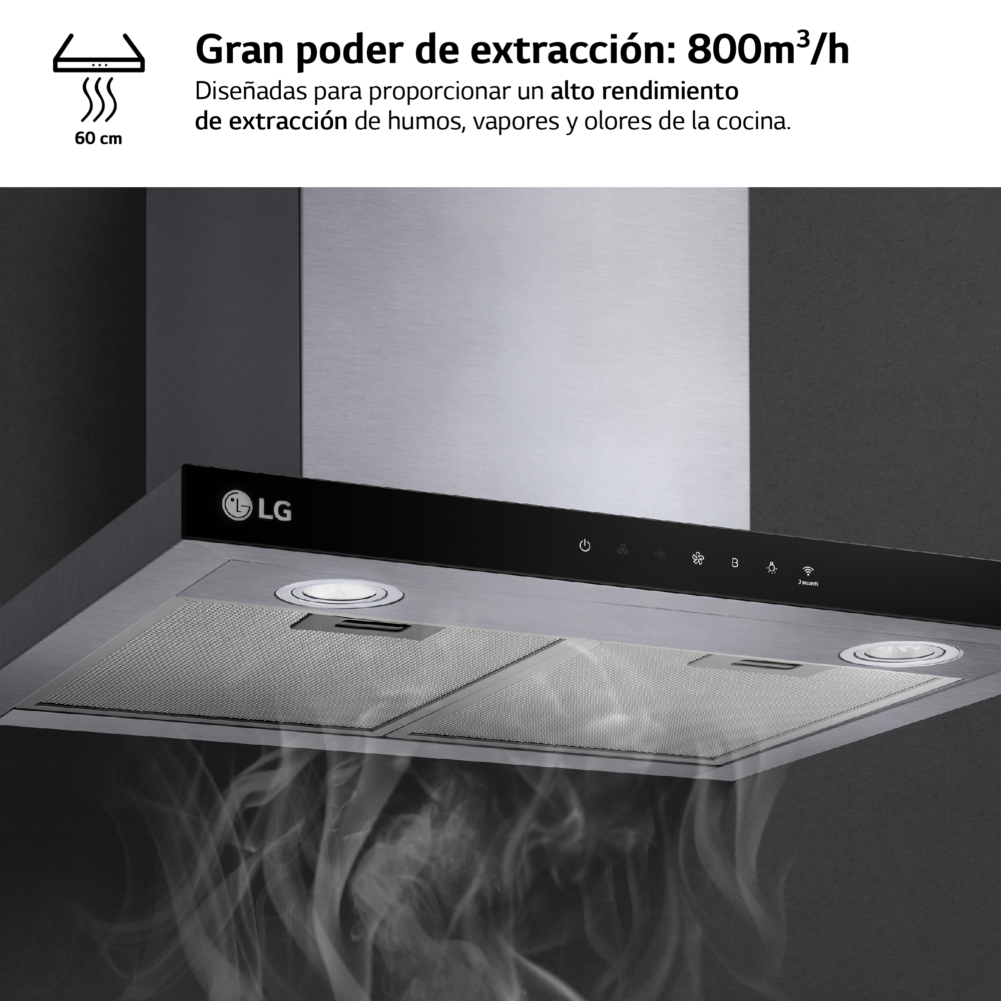 Campana extractora LG con texto. Sale humo de la campana. Es plateada y negra.