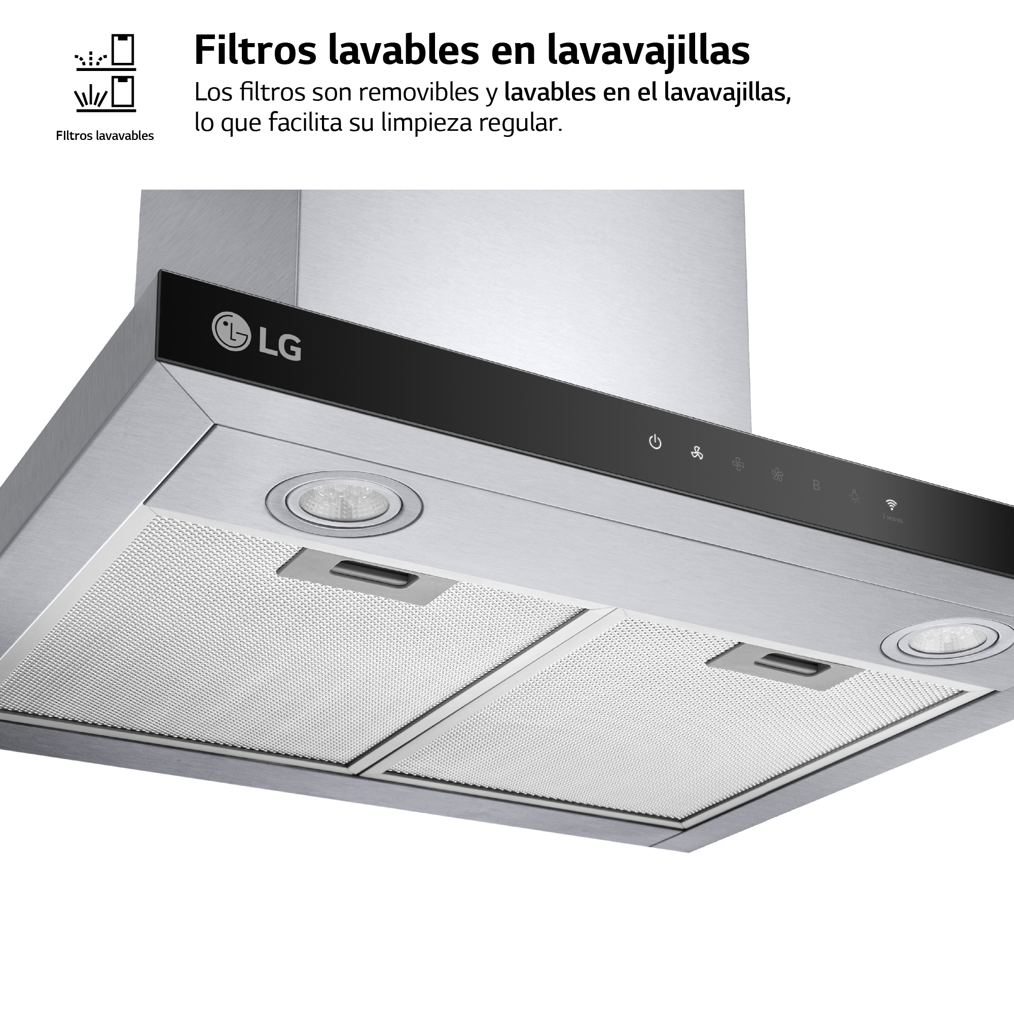 Una campana extractora de acero inoxidable con un panel de control negro y dos luces.