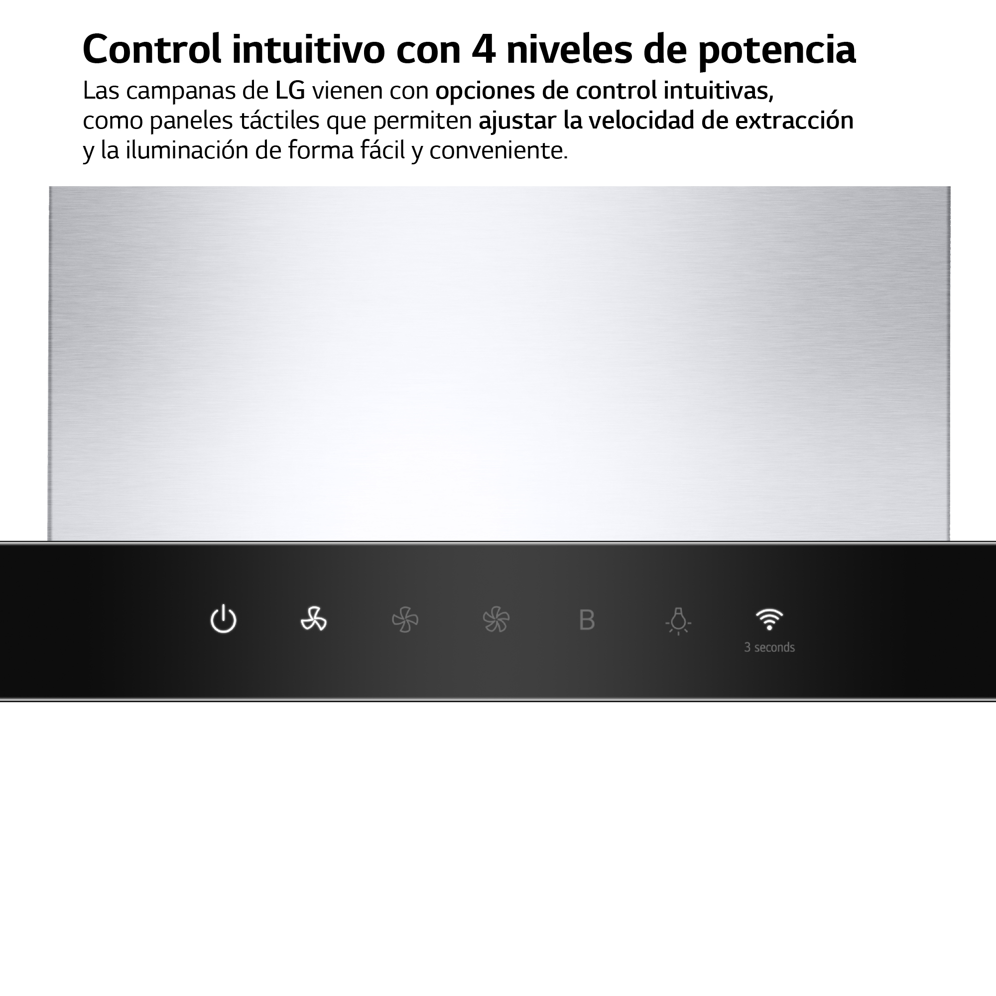 Panel de control negro con iconos. El fondo es una superficie de metal cepillado.