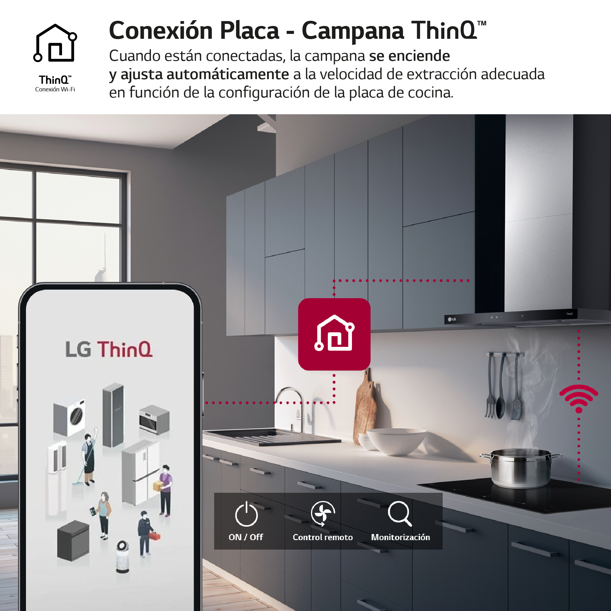 Escena de cocina con un teléfono mostrando una app que controla electrodomésticos.