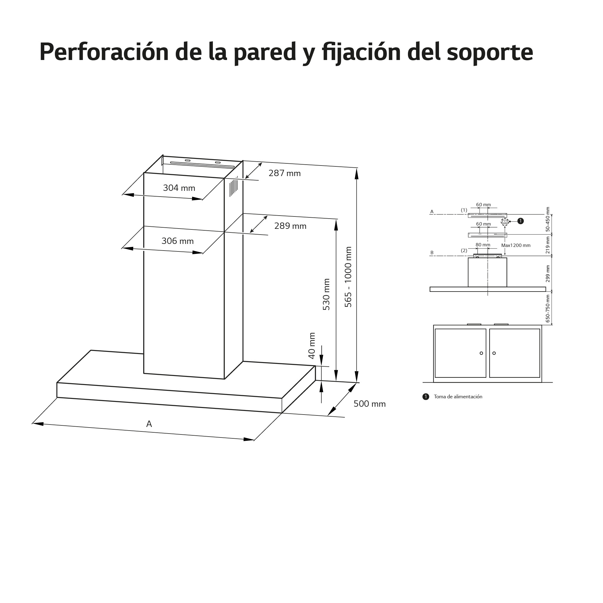 Dibujo técnico de una campana extractora con dimensiones e instrucciones de instalación.