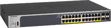 Ein schwarzer und grauer Netgear-Switch mit mehreren Anschlüssen und Status-LEDs. Das Netgear-Logo ist sichtbar.