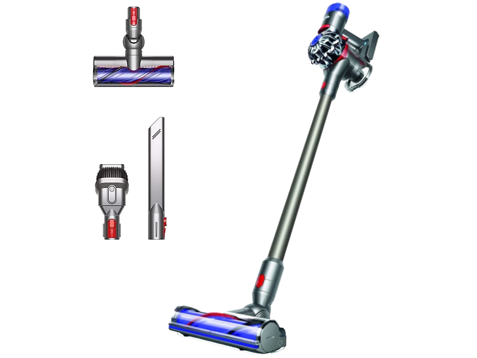 Aspiradora Dyson V8 con accesorios. Detalles plateados y azules. Incluye tres accesorios.