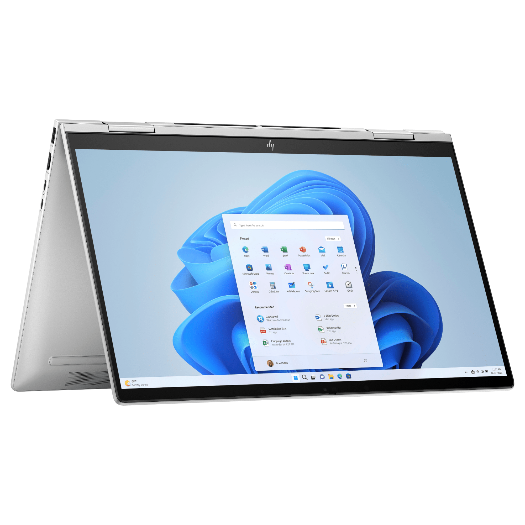 Laptop plateado con una pantalla azul que muestra aplicaciones, sobre un fondo blanco.
