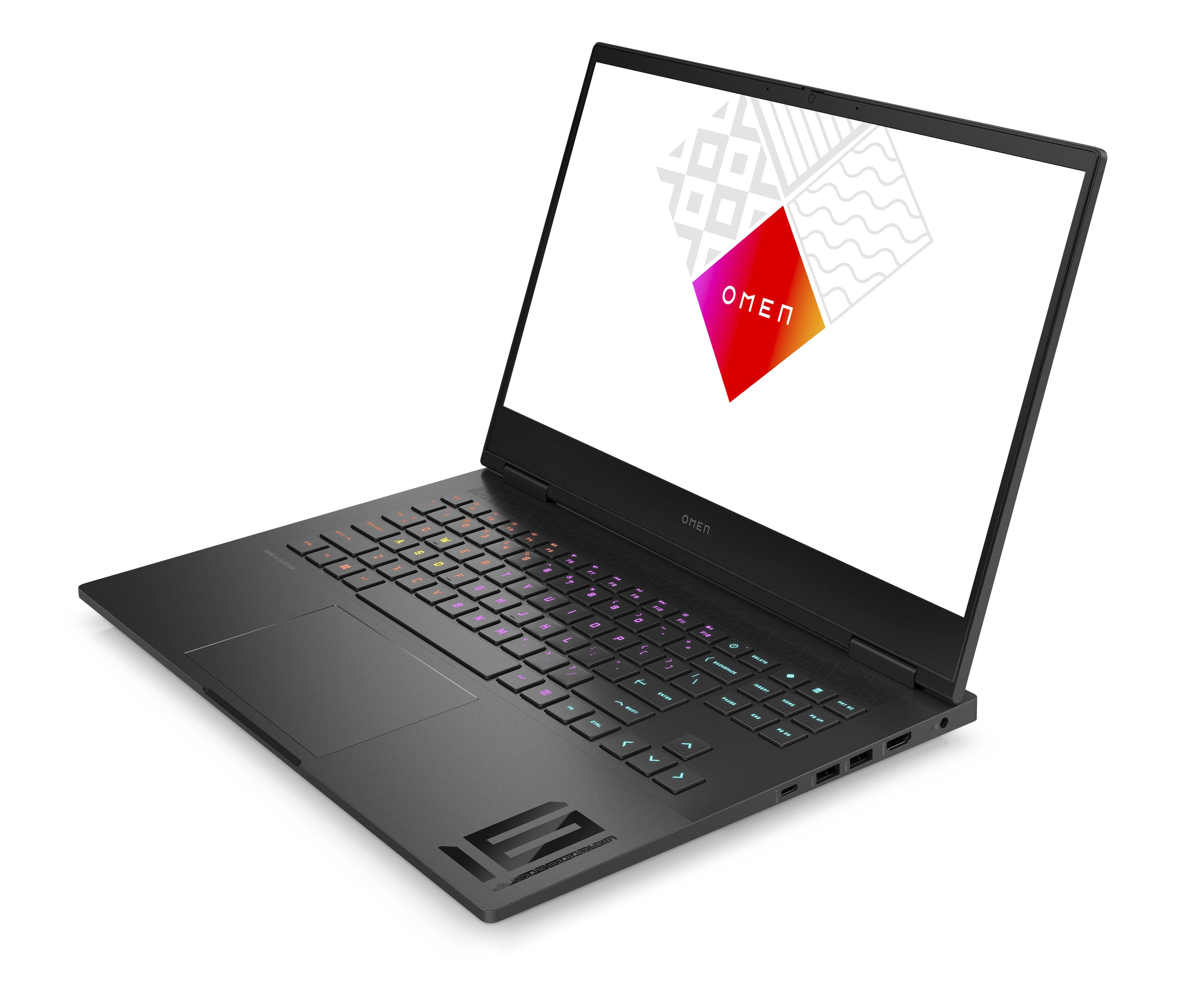 Portátil negro con pantalla abierta mostrando un logotipo colorido. Marca OMEN.