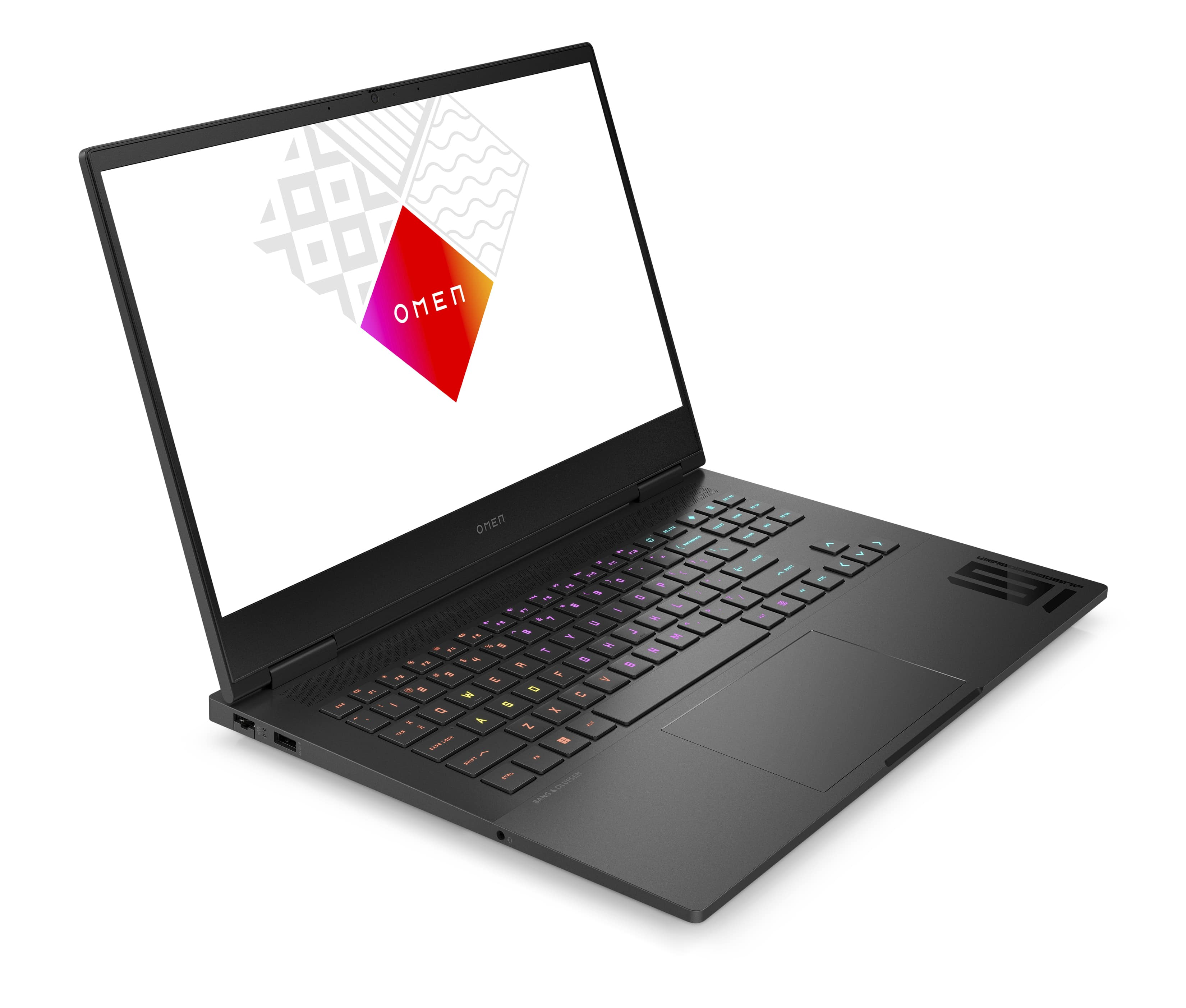 Portátil gaming negro abierto, con el logo OMEN en la pantalla, teclado iluminado.