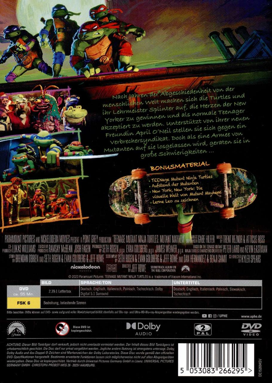 Teenage Mutant Ninja Turtles Filmcover. Zeigt Schildkröten, Skateboard und Filmdetails.