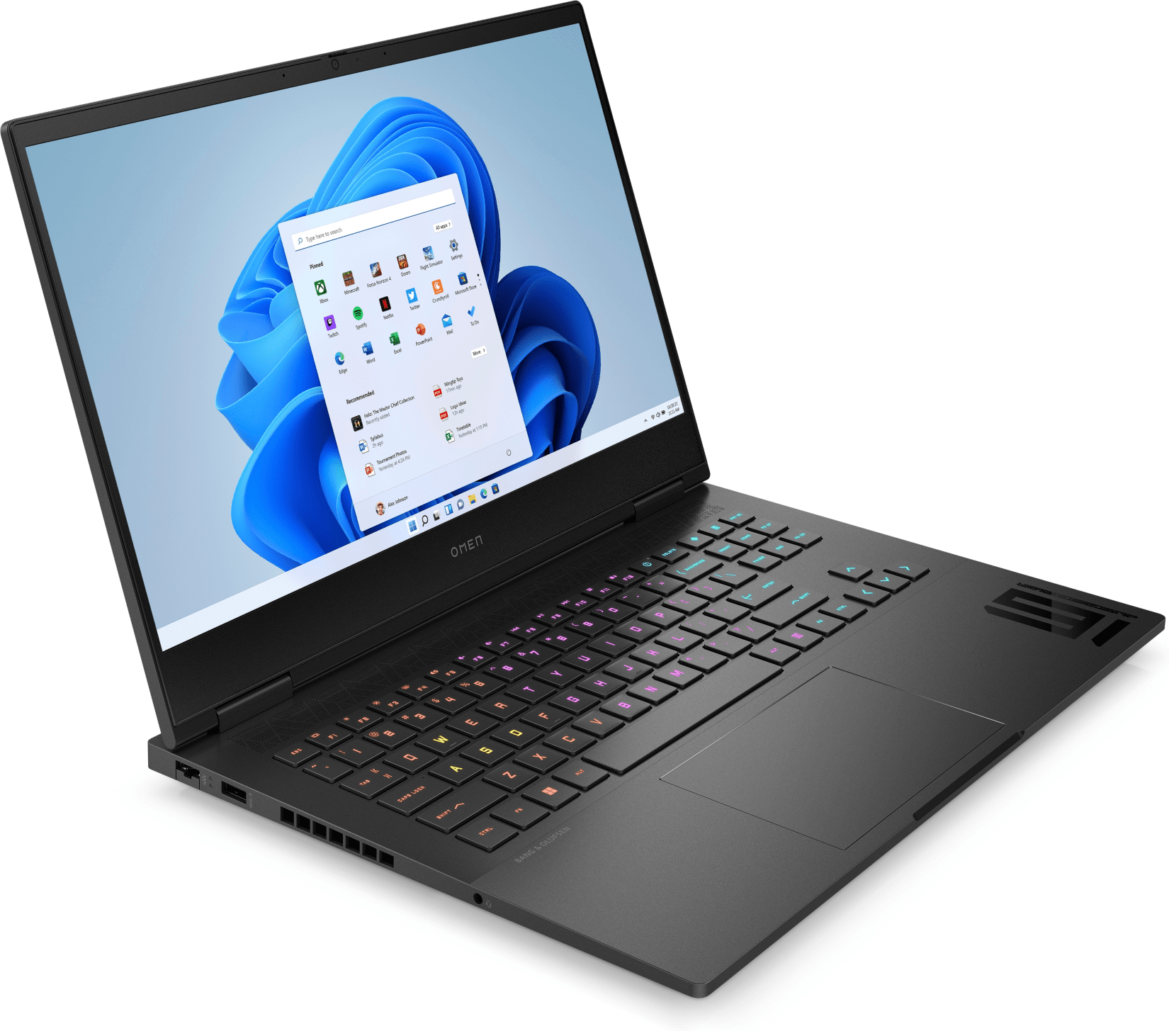 Portátil OMEN negro con teclado colorido, mostrando la interfaz de Windows 11.