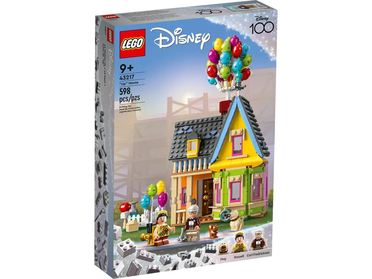 Zestaw LEGO Disney 'Up' House z postaciami i balonami. Kolorowy i szczegółowy design.