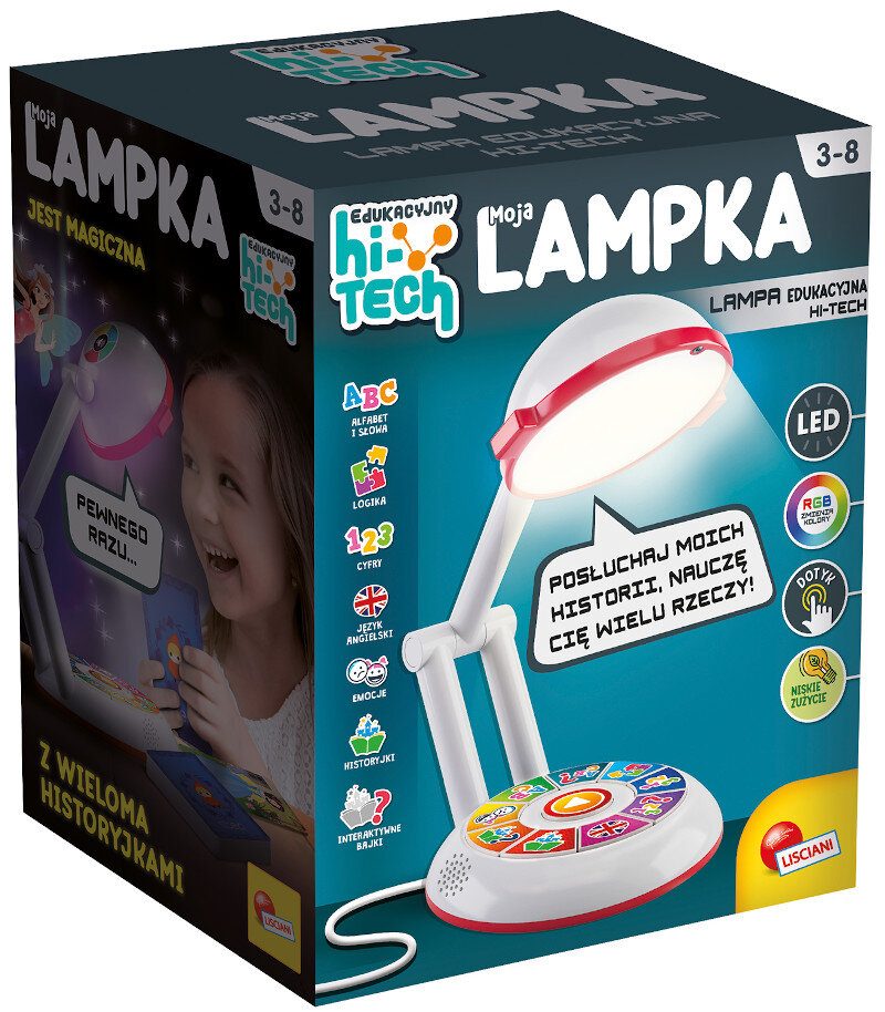 Kolorowe pudełko z lampą edukacyjną, z dziewczynką, lampą i różnymi ikonami edukacyjnymi.