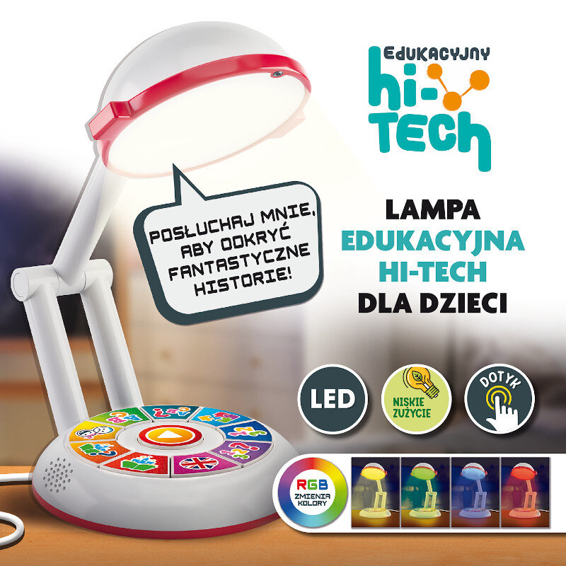 Biało-czerwona lampa z wielokolorową podstawą i dymkiem.