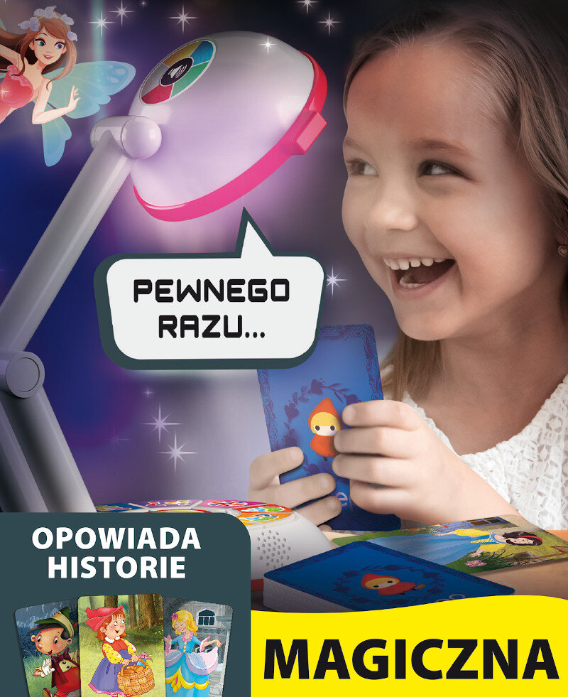 Dziewczynka bawiąca się kartami pod lampą, z elementami wróżek i gier.