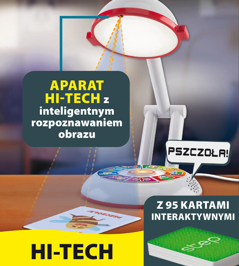 Lampa biurkowa z inteligentnym urządzeniem i fiszkami, tekst po polsku.