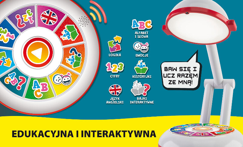 Lampa edukacyjna z interaktywnymi elementami do nauki. Posiada koło, przyciski i światło z czerwoną obwódką.