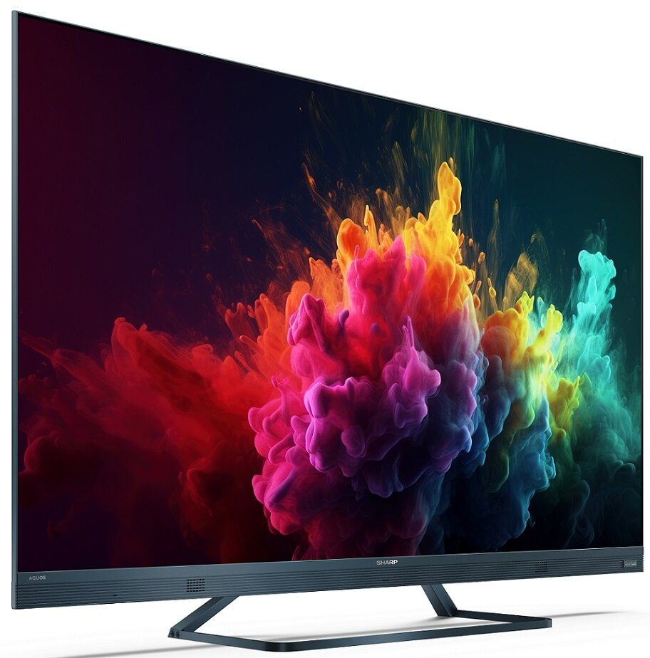 Duży telewizor z kolorowym obrazem abstrakcyjnym. Czarna ramka, podstawa i ekran.