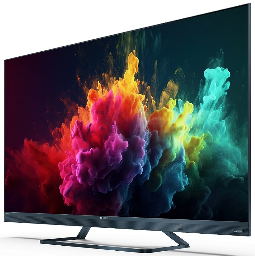 Telewizor z dużym ekranem wyświetlający kolorową sztukę abstrakcyjną.