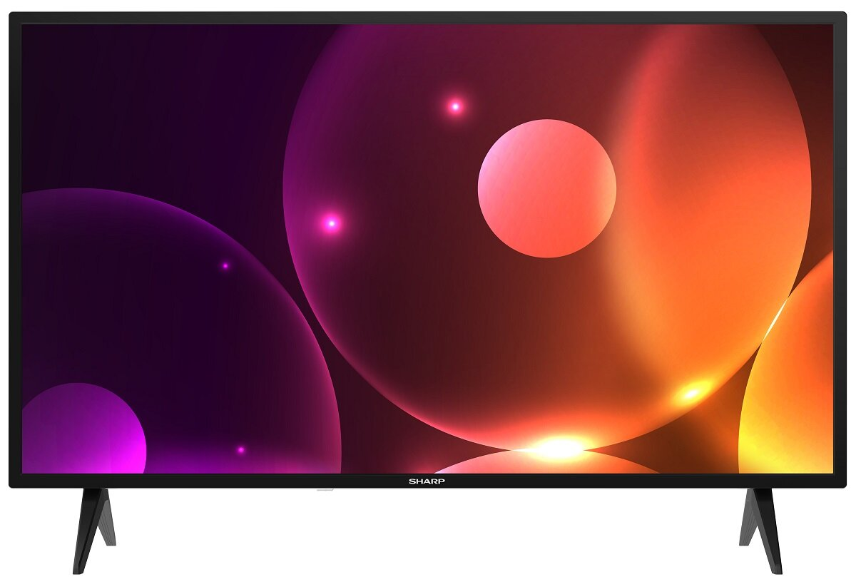 Telewizor Sharp wyświetlający kolorowy obraz abstrakcyjny z okręgami i gradientami.