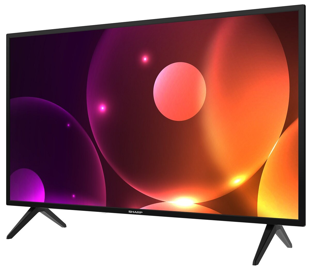 Telewizor Sharp z kolorowym, abstrakcyjnym tłem. Telewizor stoi na czarnych nóżkach.