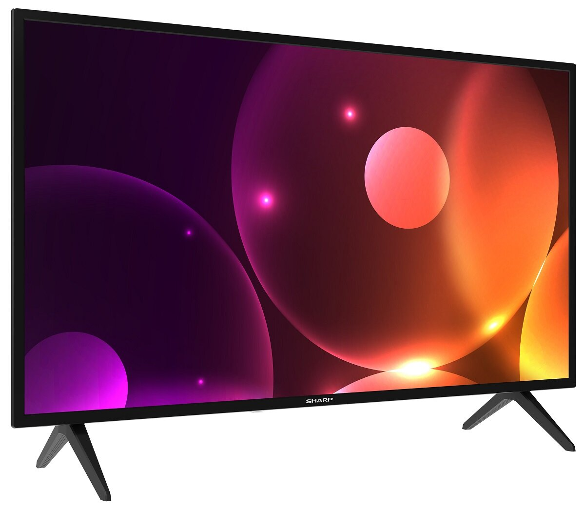 Telewizor z płaskim ekranem. Ekran wyświetla kolorowy, abstrakcyjny wzór z fioletowymi, pomarańczowymi i różowymi okręgami na czarnym tle.