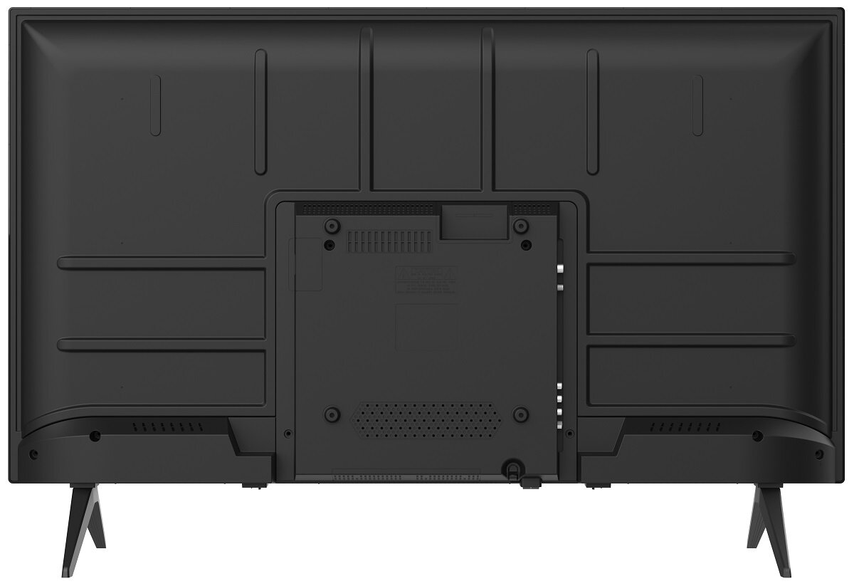 Czarny tył telewizora. Widoczne różne porty, otwory wentylacyjne i mocowania.