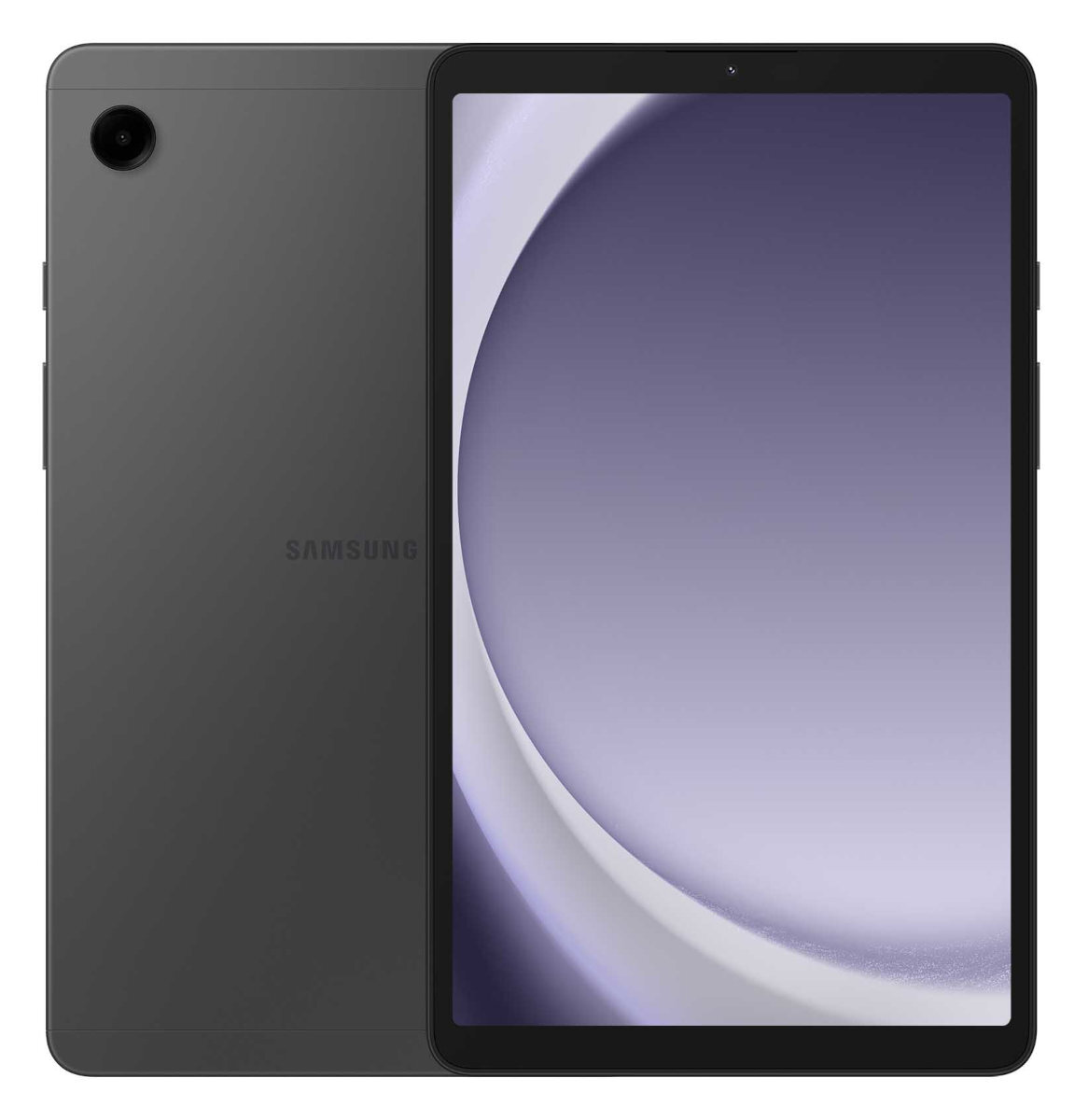 Ciemnoszary tablet z przednim ekranem i tylnym aparatem.