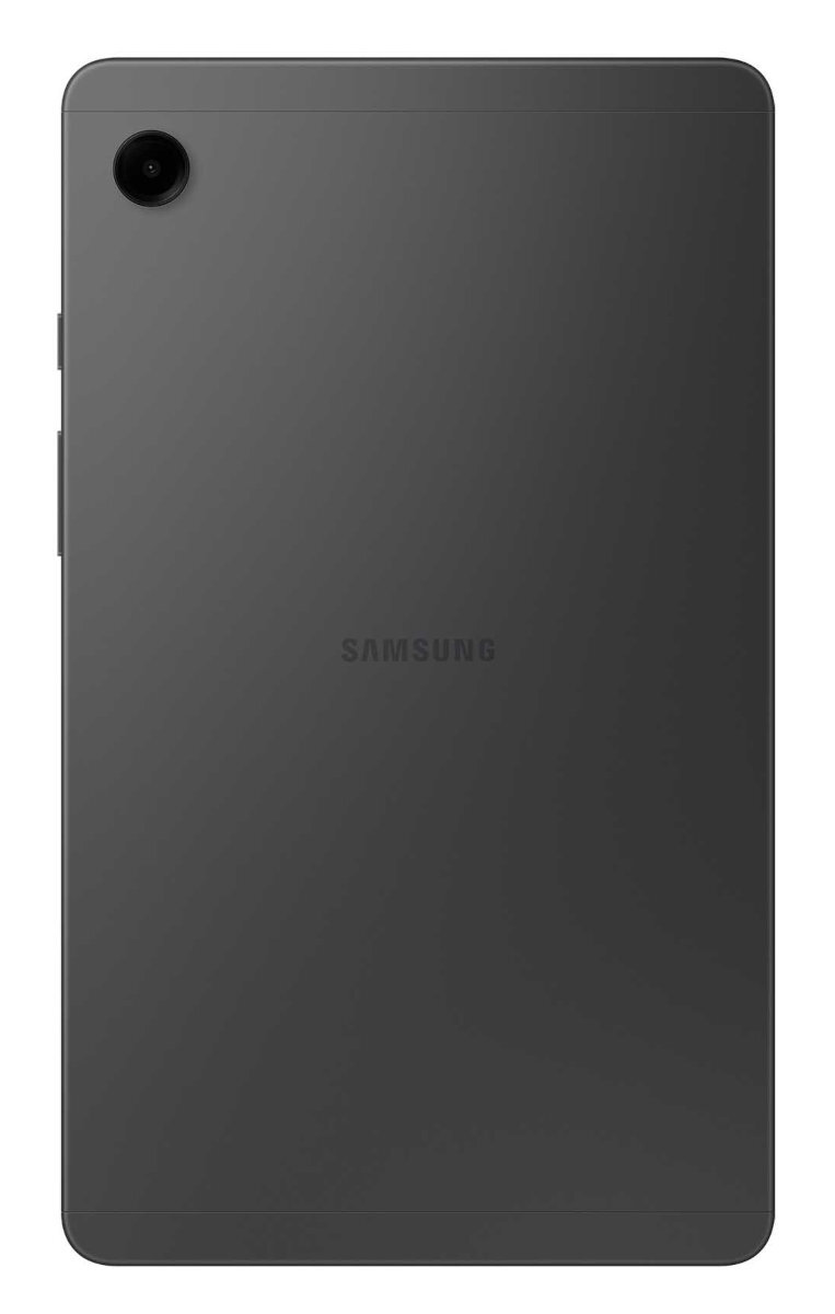 Tył ciemnoszarego tabletu z obiektywem aparatu i logo Samsung.