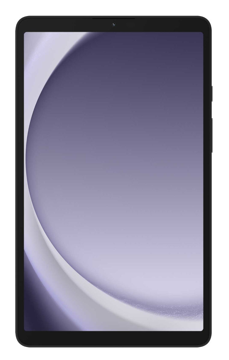 Czarny tablet na białym tle. Ekran wyświetla gradient fioletu i bieli.