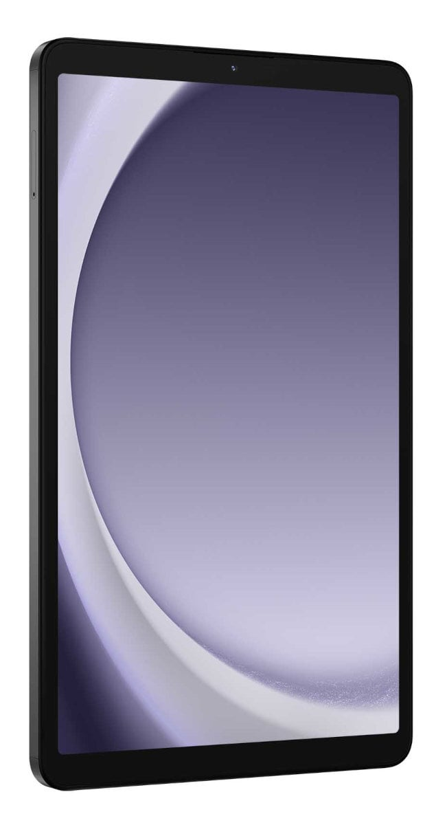 Czarny tablet z dużym ekranem, pokazujący fioletowy gradient, lekko pochylony, na białym tle.