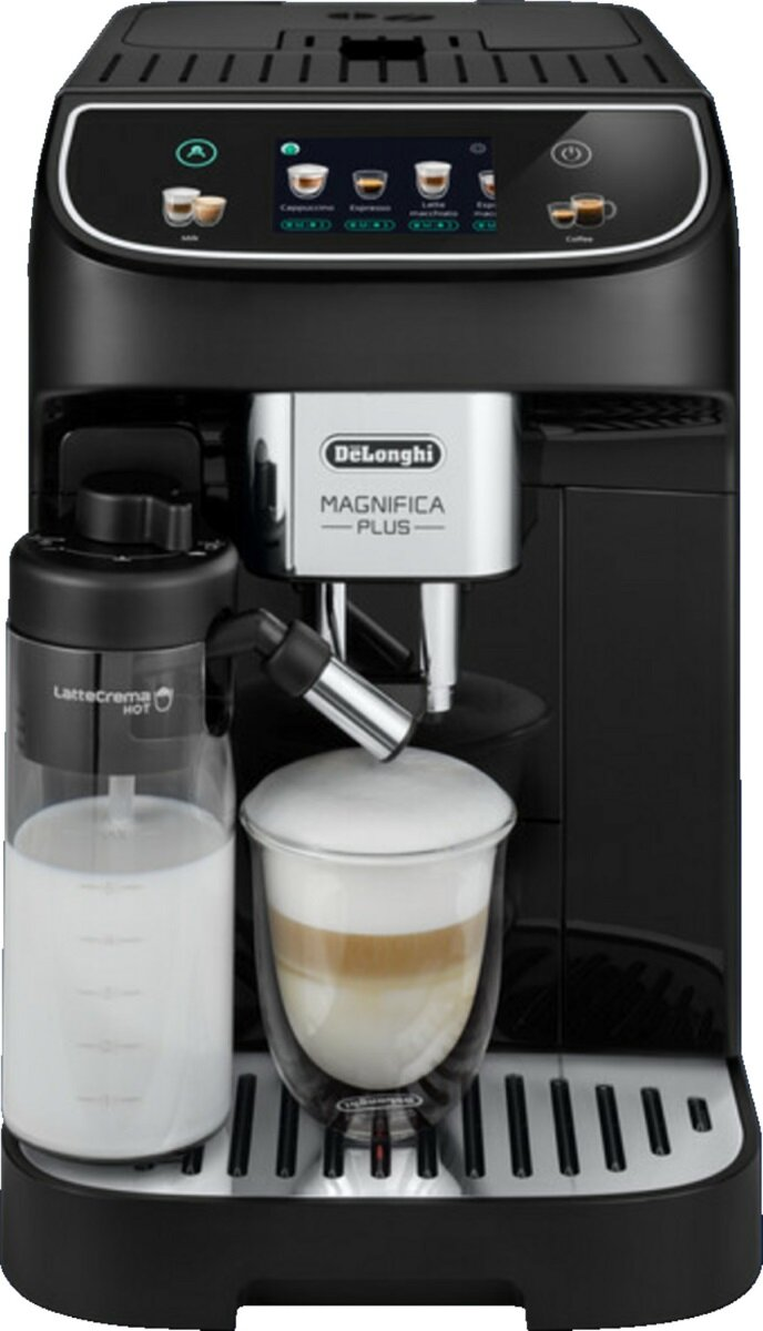 Czarny ekspres do kawy DeLonghi Magnifica Plus z pojemnikiem na mleko i szklanką latte macchiato.