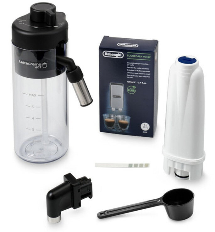 Spieniacz do mleka na gorąco Lattecrema z częściami, pudełko Delonghi Ecodecalk mini i filtr.