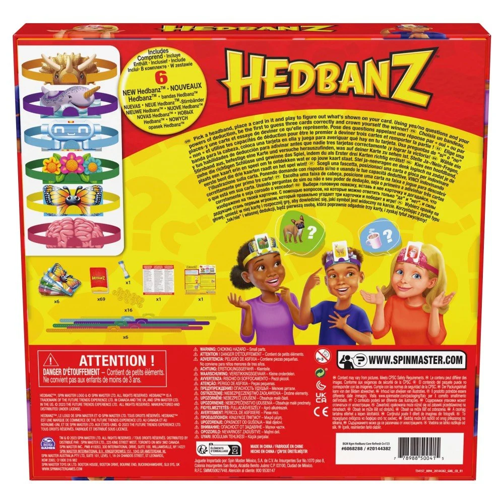 Pudełko gry Hedbanz z dziećmi na okładce. Widoczne elementy gry.