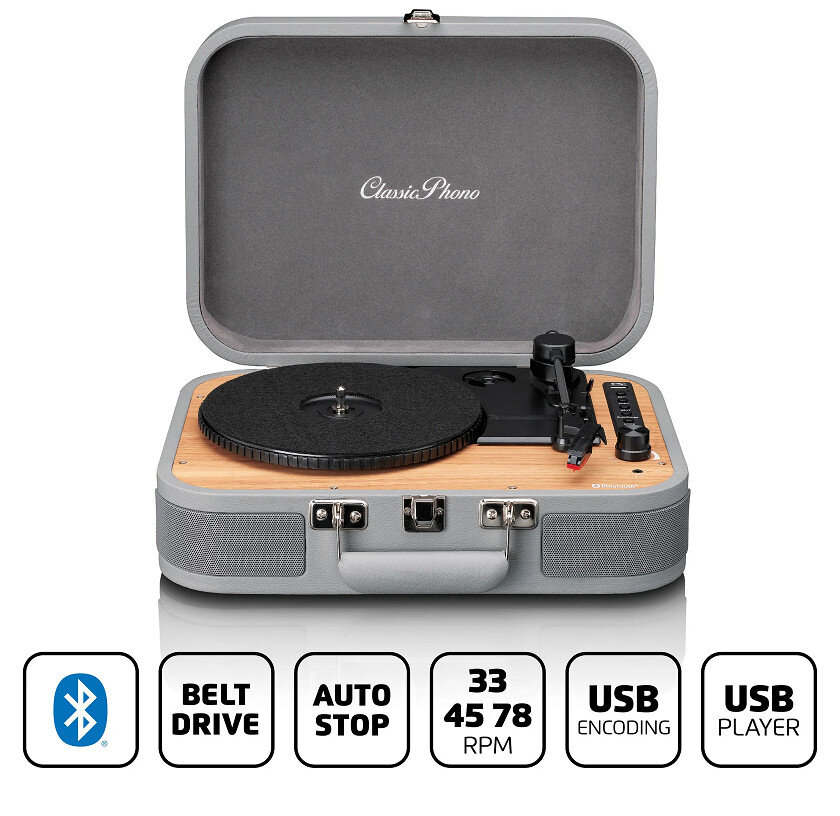 Szary gramofon z drewnianą podstawą, przyciskami sterowania i logo.