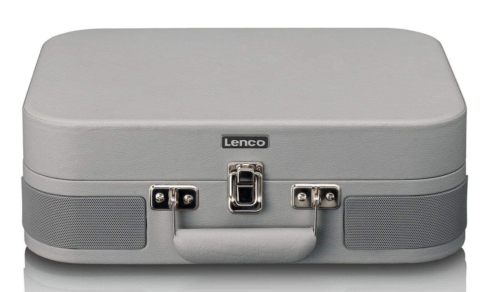 Szary gramofon w stylu walizki. Napis Lenco, głośniki i metalowe zapięcie.