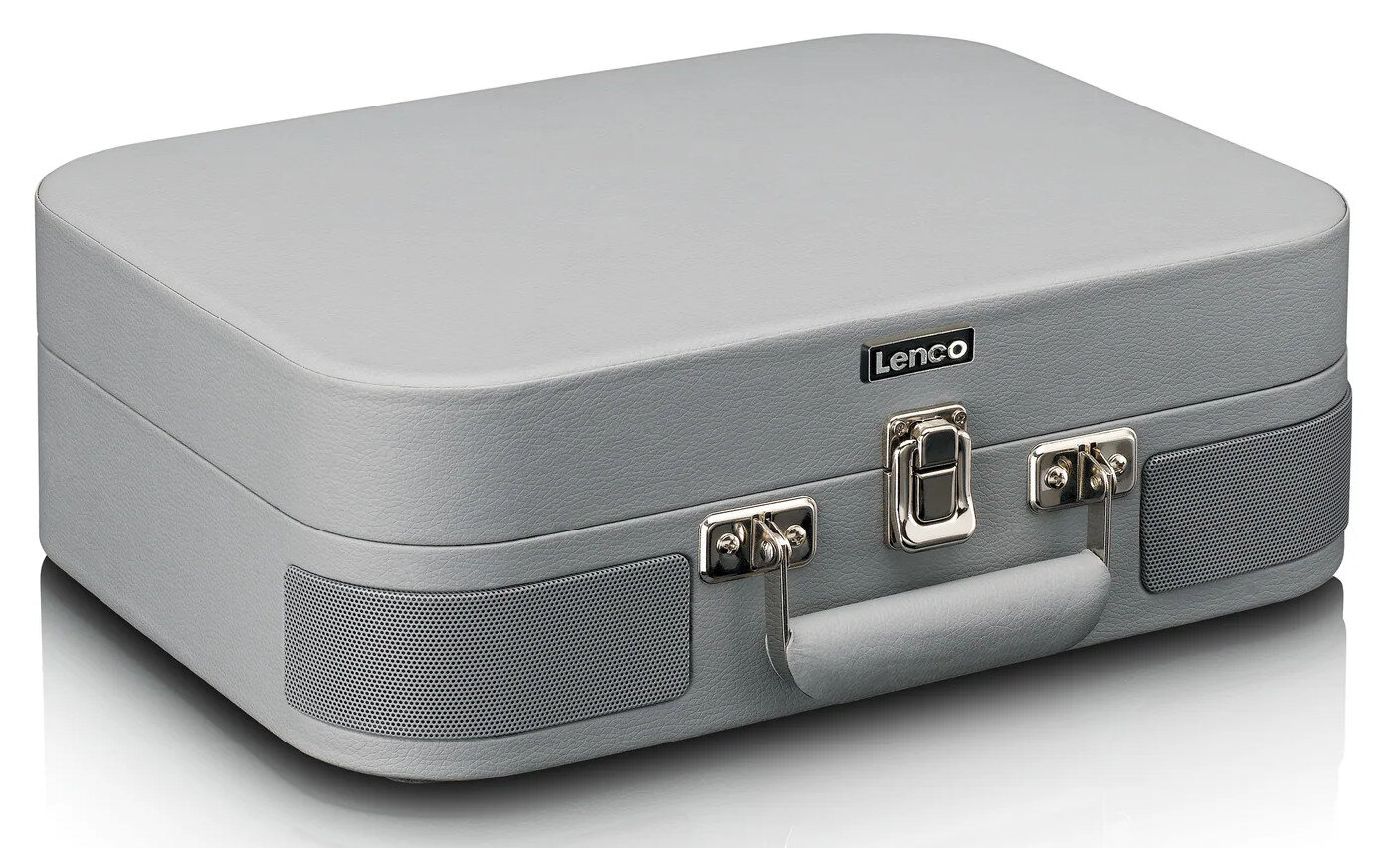 Szary gramofon Lenco w stylu walizki. Srebrny uchwyt i zapięcie. Głośniki po bokach.