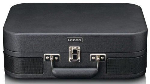 Czarny gramofon Lenco w stylu walizki ze srebrnymi zatrzaskami i uchwytem.