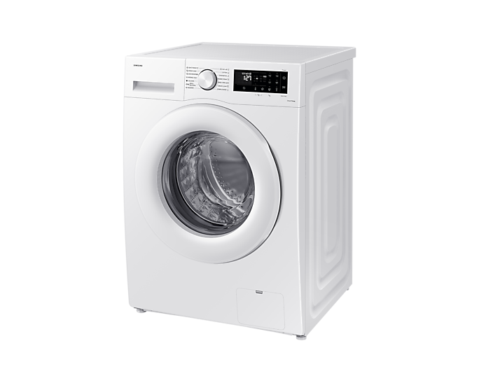 Egy fehér Samsung mosógép, ferde nézet, kijelzővel és USB porttal.