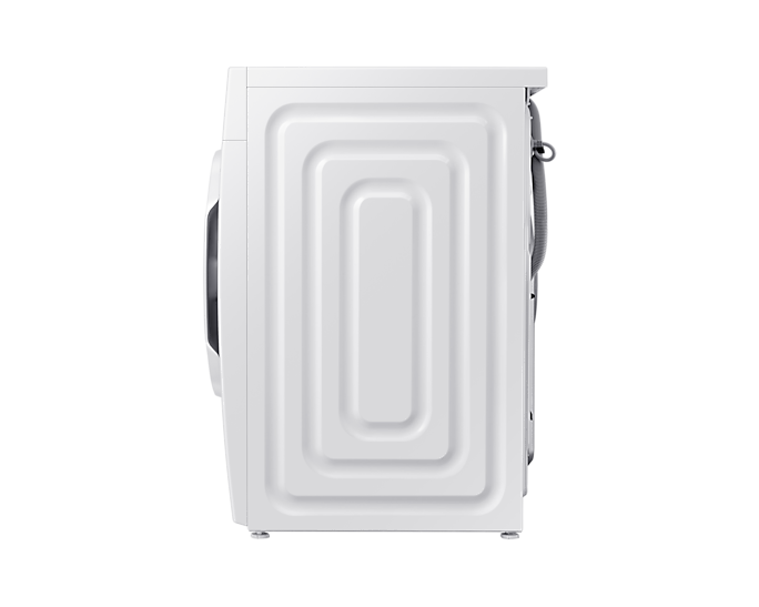 Fehér mosógép oldalsó nézete fekete háttér előtt.