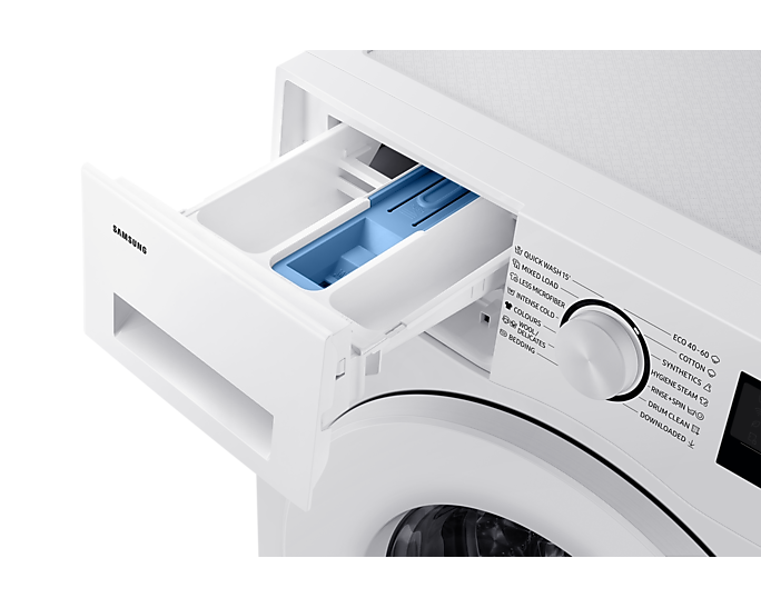 Egy fehér mosógép mosószer fiókjának közeli képe.