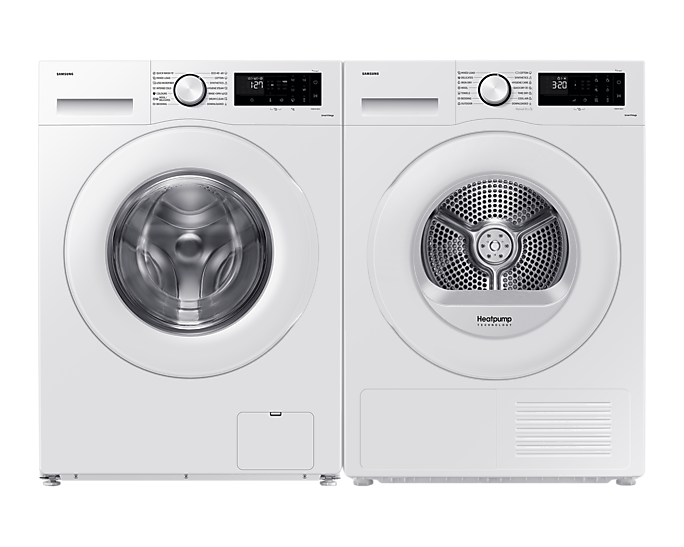 Fehér mosógép és szárító egymás mellett.