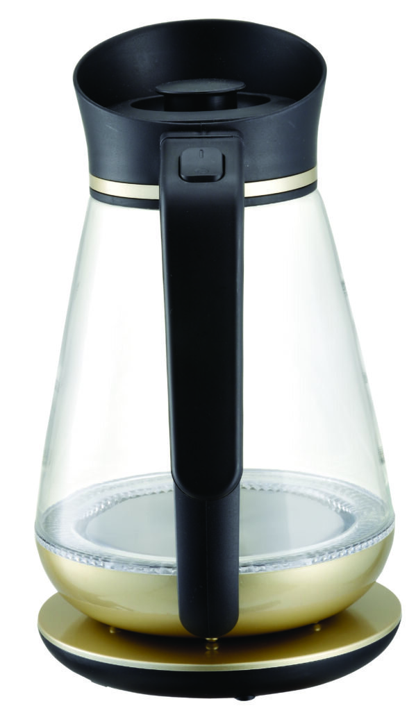 Przezroczysty szklany i złoty czajnik elektryczny, z czarnym uchwytem i pokrywką.