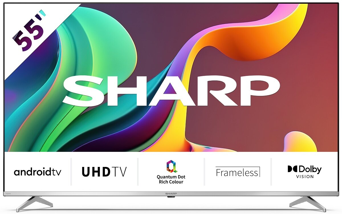 Telewizor Sharp 55-calowy z obrazem kolorowych kształtów i logo Sharp.