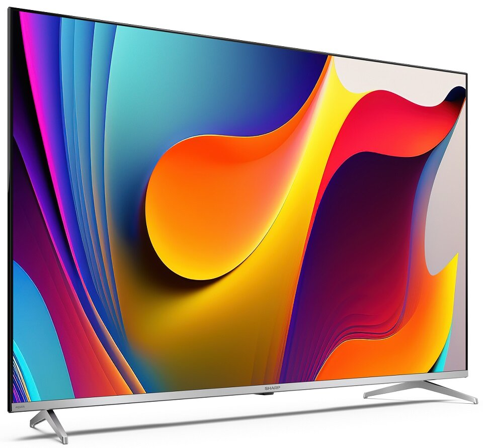 Telewizor z dużym ekranem z kolorową sztuką abstrakcyjną i srebrną podstawą.