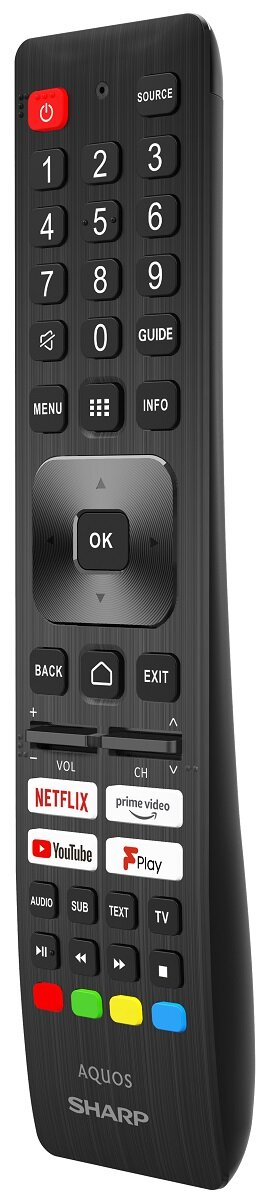 Czarny pilot z wieloma przyciskami. Przyciski mają cyfry i symbole.