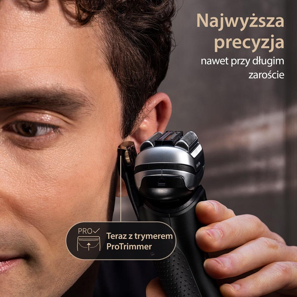 Mężczyzna używa golarki na policzku. Zbliżenie. Tekst o przycinaniu.