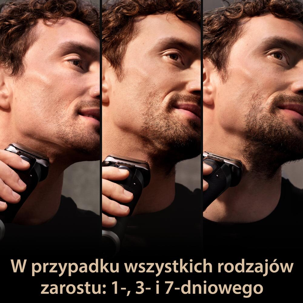 Mężczyzna goli brodę golarką.