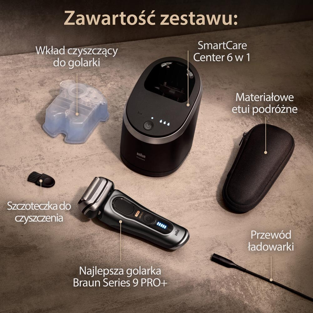 Różne akcesoria do golenia na szarej powierzchni, w tym maszynka do golenia i narzędzia do czyszczenia.